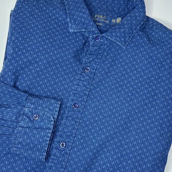 Polo Ralph Lauren Men's XXL Slim Fit Cotton Blue All-Over Print Button Up Shirt - Picture 1 of 7